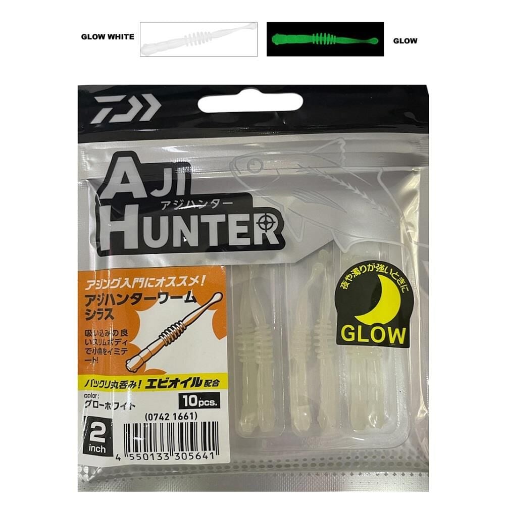 Daiwa Aji Hunter Worm Shirasu 2inch 5cm Lrf Silikon Yem 10 Adet Glow White