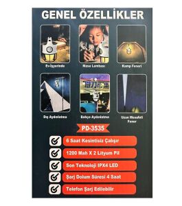 Powerdex PD-3535 Çift Işıklı Solar Şarjlı Kamp Lambası
