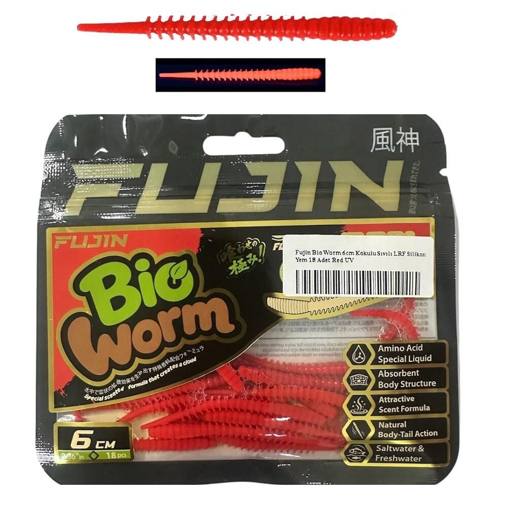 Fujin Bio Worm 6cm Kokulu Sıvılı LRF Silikon Yem 18 Adet Red UV