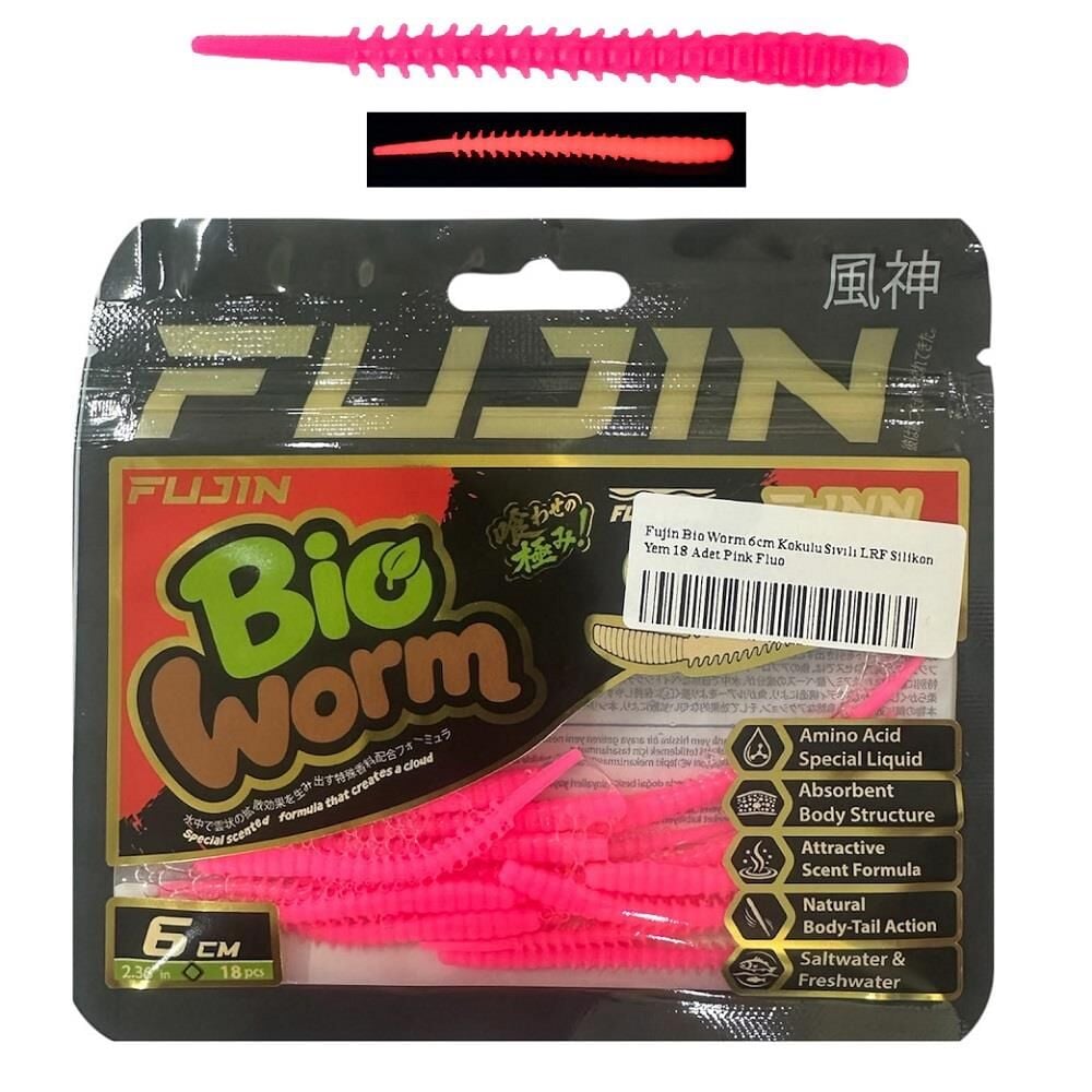 Fujin Bio Worm 6cm Kokulu Sıvılı LRF Silikon Yem 18 Adet Pink Fluo