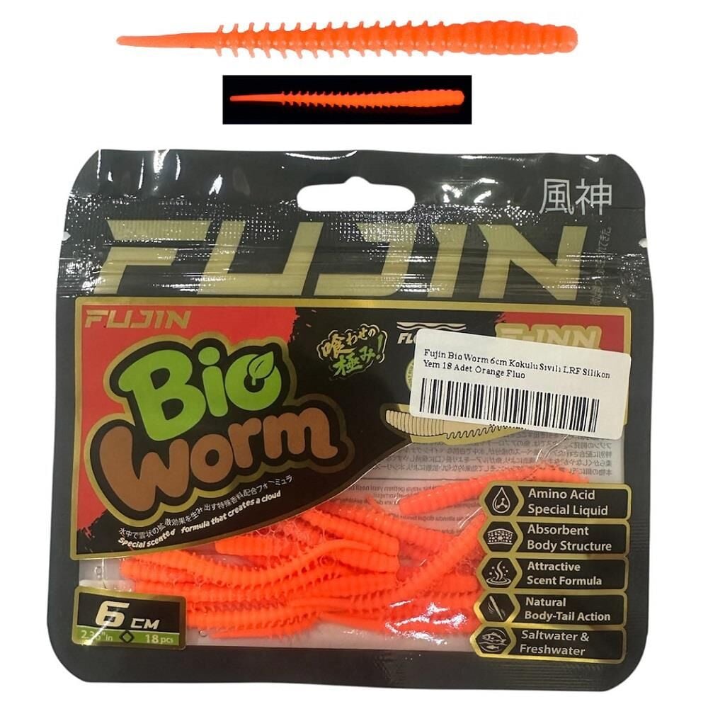 Fujin Bio Worm 6cm Kokulu Sıvılı LRF Silikon Yem 18 Adet Orange Fluo