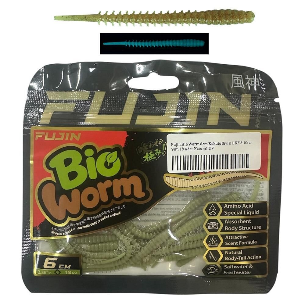 Fujin Bio Worm 6cm Kokulu Sıvılı LRF Silikon Yem 18 Adet Natural UV