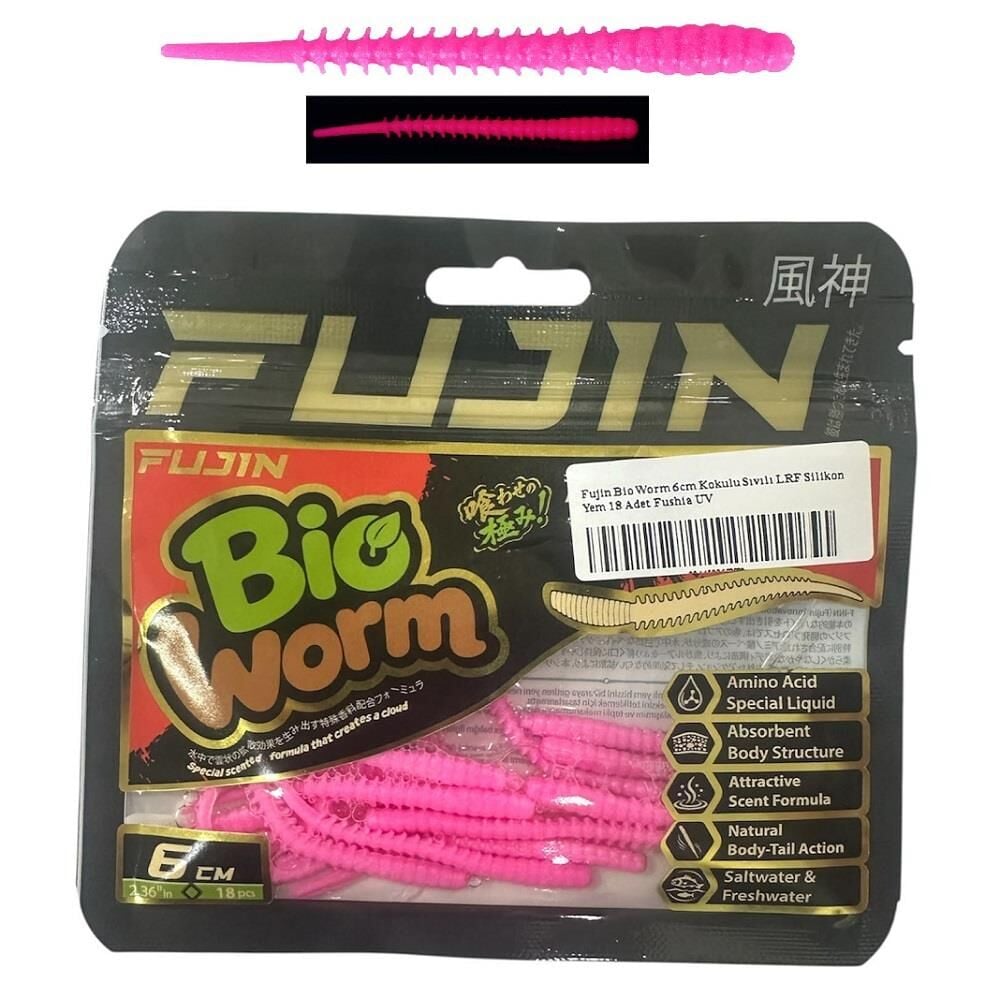 Fujin Bio Worm 6cm Kokulu Sıvılı LRF Silikon Yem 18 Adet Fushia UV