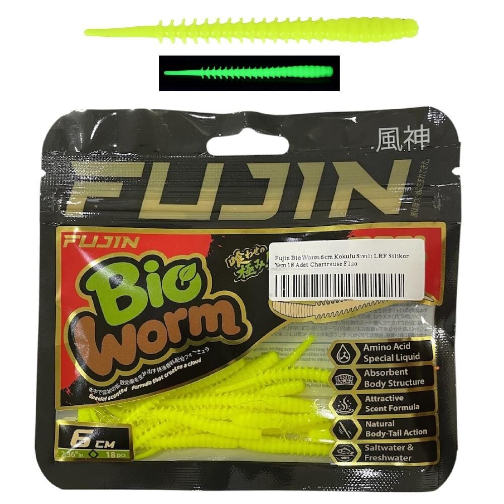 Fujin Bio Worm 6cm Kokulu Sıvılı LRF Silikon Yem 18 Adet Chartreuse Fluo