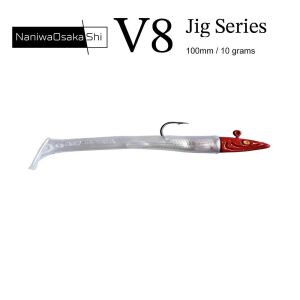 NaniwaOsakaShi V8 10cm 10gr 3 Jighead + 5 Silikon Yem Seti Red Head Pearl Silver