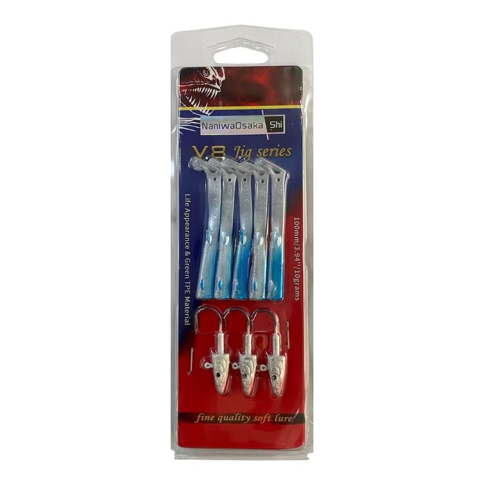NaniwaOsakaShi V8 10cm 10gr 3 Jighead + 5 Silikon Yem Seti Nacre Blue