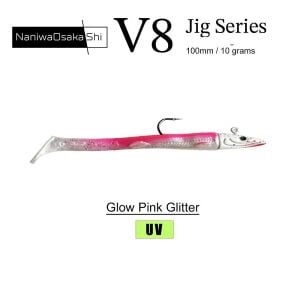 NaniwaOsakaShi V8 10cm 10gr 3 Jighead + 5 Silikon Yem Seti Glow Pink Glitter