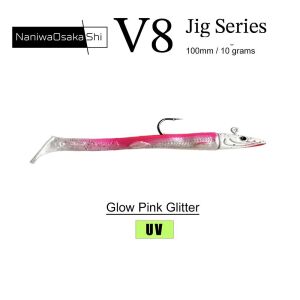 NaniwaOsakaShi V8 10cm 10gr 3 Jighead + 5 Silikon Yem Seti Glow Pink Glitter