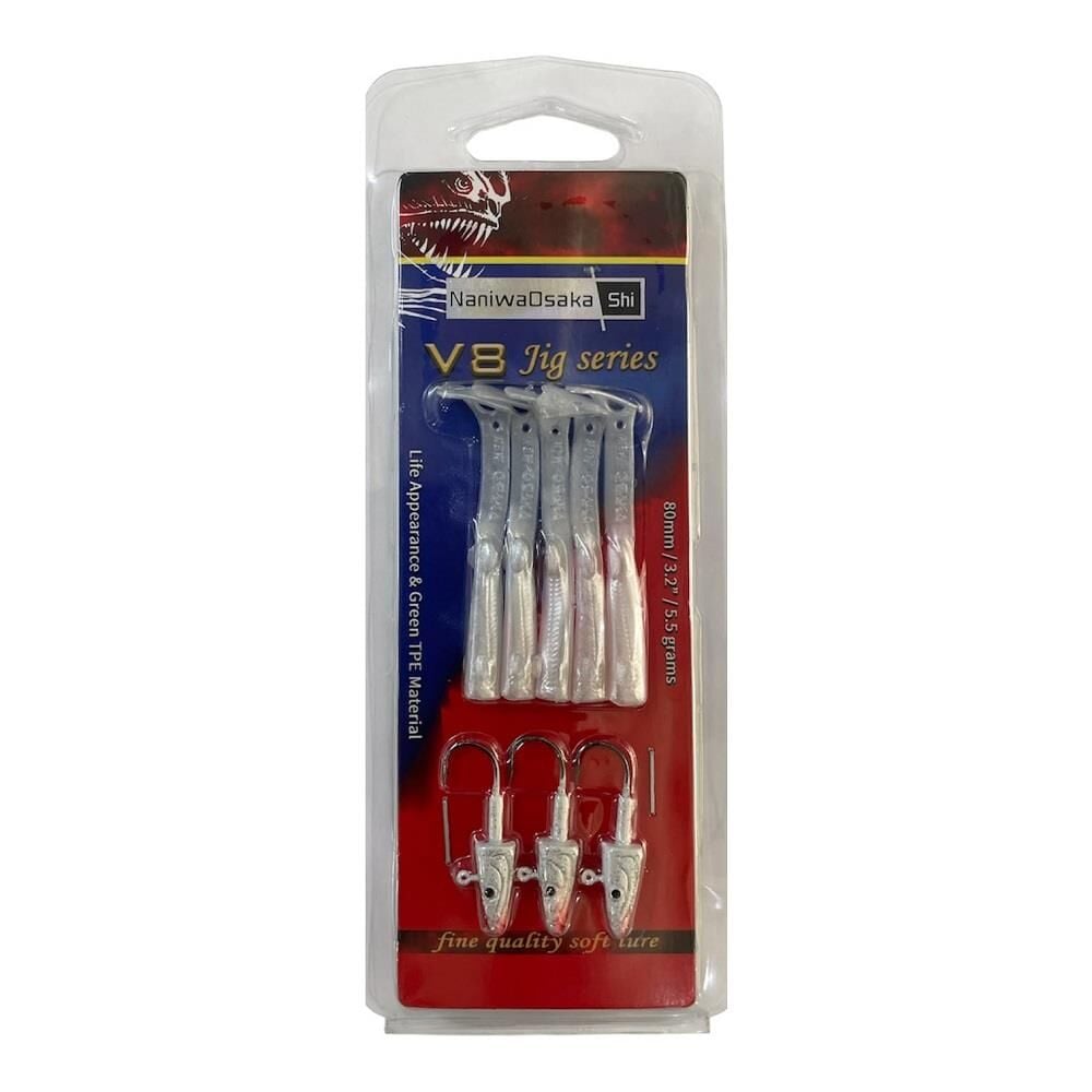 NaniwaOsakaShi V8 8cm 5.5gr 3 Jighead + 5 Silikon Yem Seti Pearl Silver