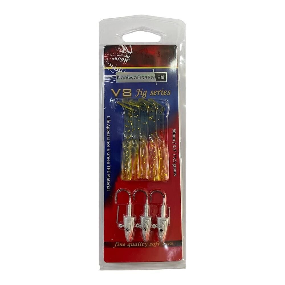 NaniwaOsakaShi V8 8cm 5.5gr 3 Jighead + 5 Silikon Yem Seti Golden Glitter