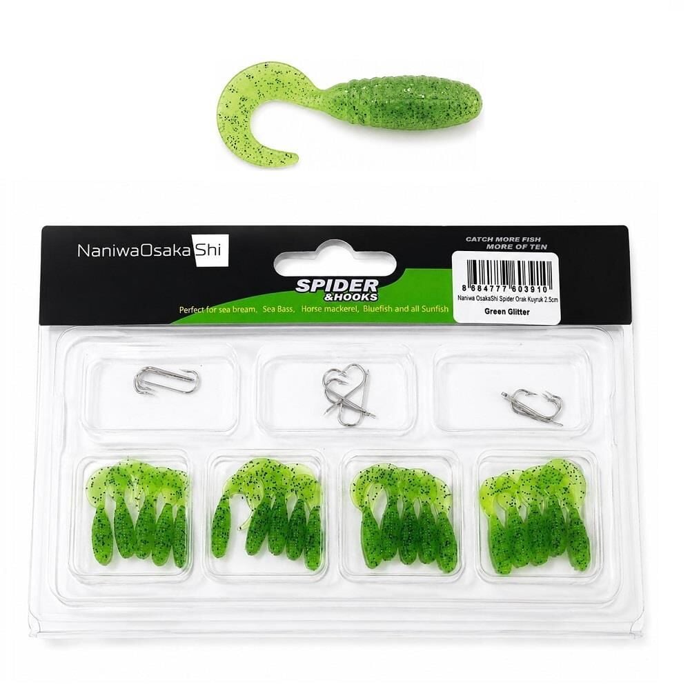 NaniwaOsakaShi Spider 2.5cm Orak Kuyruk 20 Silikon + 10 İğne LRF Yem Seti Green Glitter