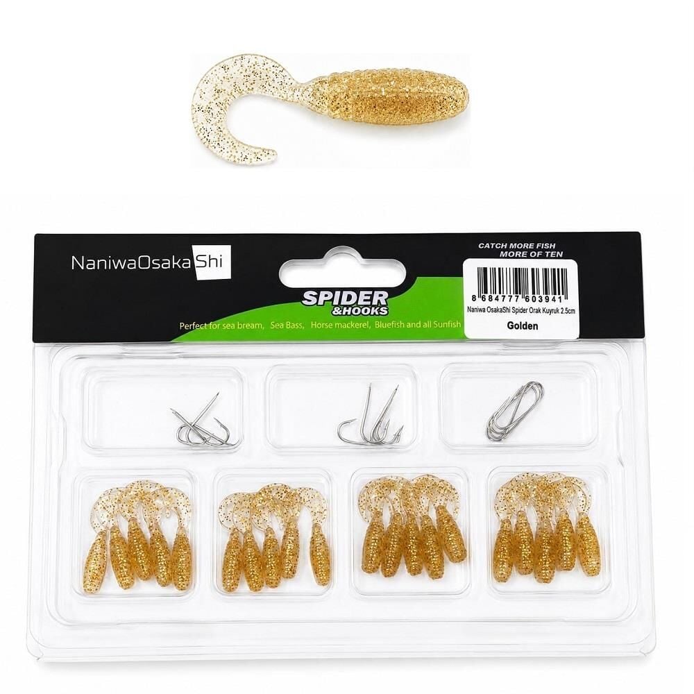NaniwaOsakaShi Spider 2.5cm Orak Kuyruk 20 Silikon + 10 İğne LRF Yem Seti Golden