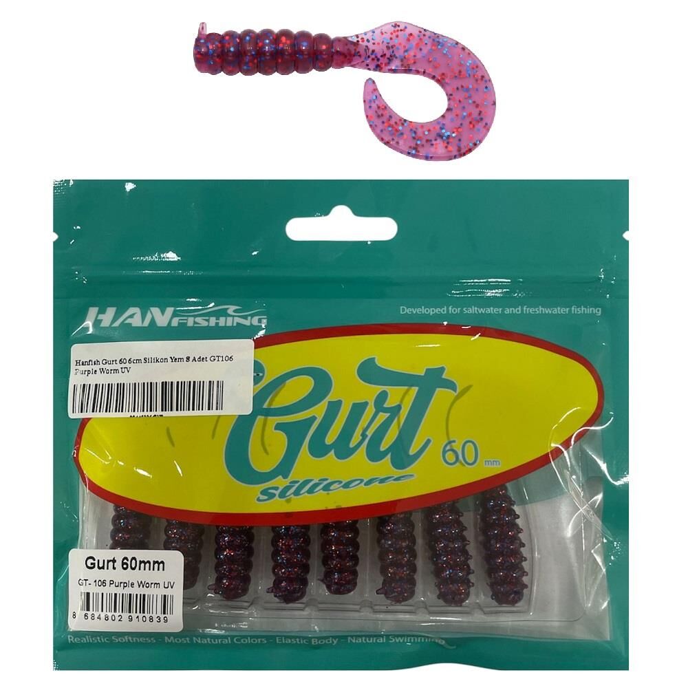 Hanfish Gurt 60 6cm Silikon Yem 8 Adet GT106 Purple Worm UV