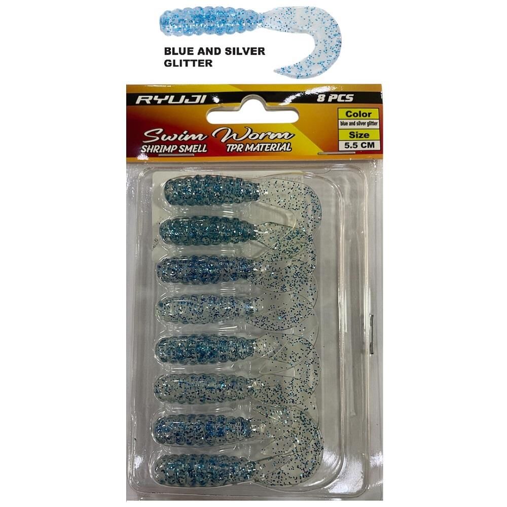 Ryuji Swim Worm 5.5cm 1.5gr Kokulu LRF Silikon Yem 8 Adet Blue And Silver Glitter