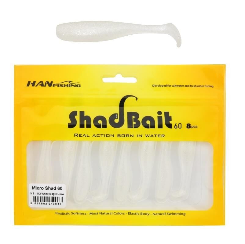 Hanfish Shad Bait 60 6cm 1.4gr LRF Silikon Yem 8 Adet MS112 White Magic Glow