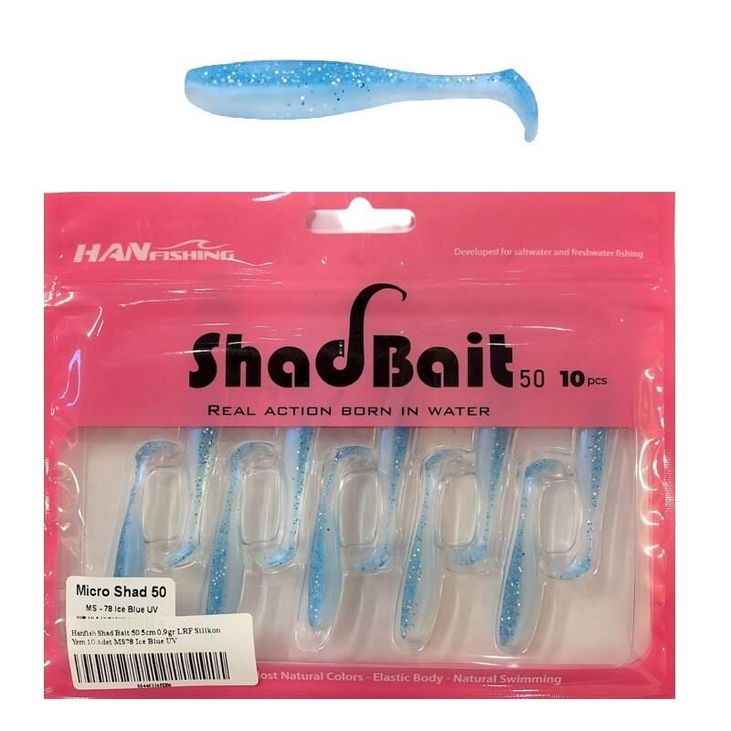 Hanfish Shad Bait 50 5cm 0.9gr LRF Silikon Yem 10 Adet MS78 Ice Blue UV