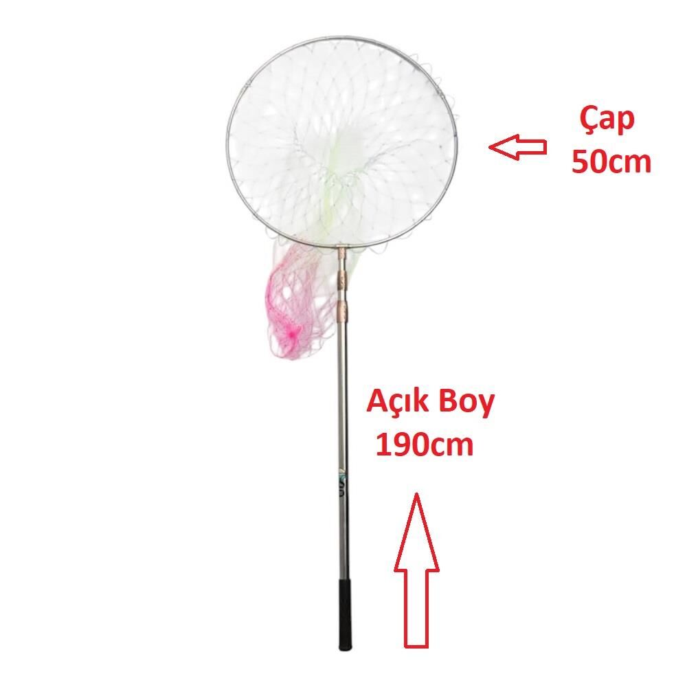Powerex Paslanmaz Çelik Krom 190cm Sap 50cm Çember Balıkçı Kepçesi
