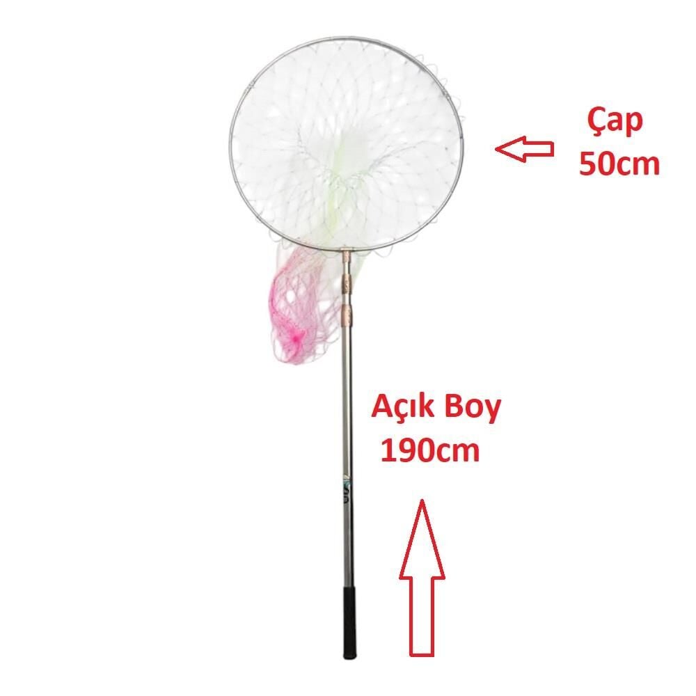 Powerex Paslanmaz Çelik Krom 190cm Sap 50cm Çember Balıkçı Kepçesi