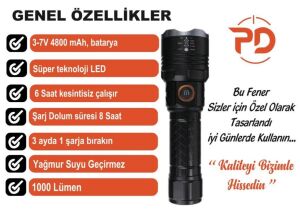 Powerdex PD-6696 Zoomlu Şarj Edilebilir Pilli El Feneri 15W