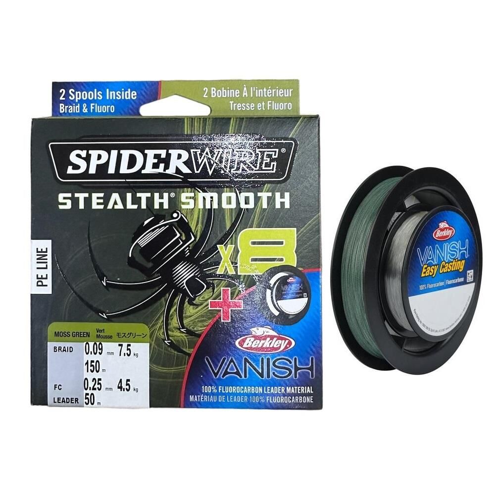 SpiderWire 8X 0.09mm 150m İp Misina Moss Green & 0.25mm 50m Fluorocarbon Misina